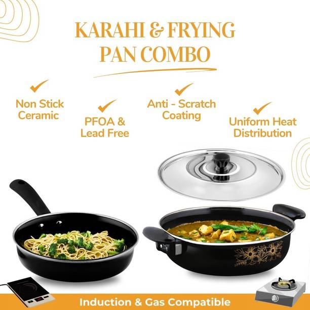 cookpro Cookpro kadhai with lid and Frying pan/Frypan omelette/curry/pizza Induction Bottom Non-Stick Coated Cookware Set