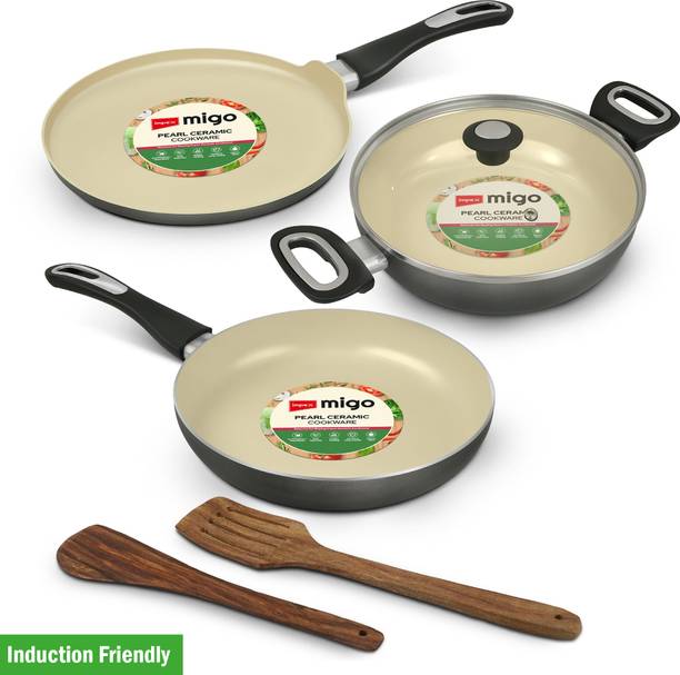 IMPEX Ceramic Induction Bottom Cookware set 6 Pcs with Glass Lid | Induction Bottom Non-Stick Coated Cookware Set