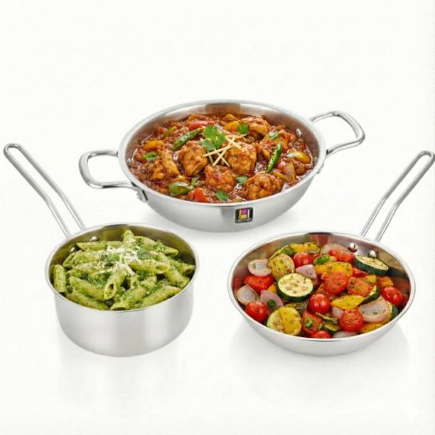Human Hydro Prime Triply Cookware Combo – 16cm Sauce Pan, 22cm Fry Pan, 24cm Kadai Induction Bottom Cookware Set