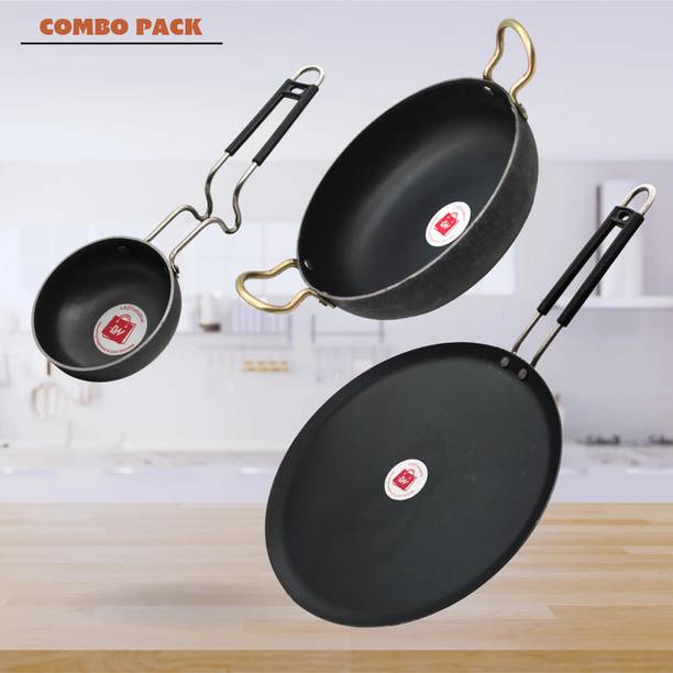 LAZYwindow LAZYwindow Iron Tadka Pan, Tawa & Deep Kadhai Combo Pack for Healthy Cooking Induction Bottom Cookware Set