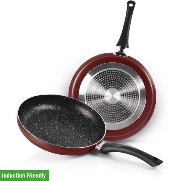 MILTON Pro Cook New Granito My kitchen Set of 2, (Tawa 28 cm and Fry Pan 24 cm) Burgundy Induction Bottom Non-Stick Coated Cookware Set