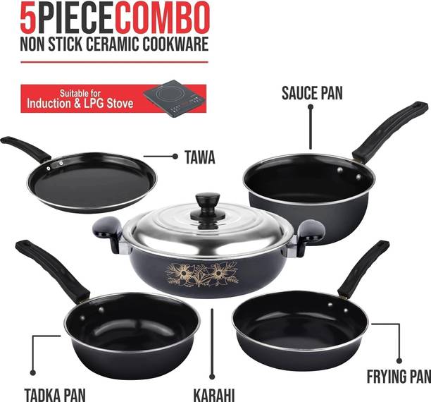 Kashvi Kashvi Pack of 5 pc (Kadhai (With Lid), Fry Pan, Sauce Pan, Tadka Pan & Tawa) Induction Bottom Non-Stick Coated Cookware Set