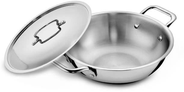 LIMETRO STEEL Triply 1.5 Liter Stainless Steel Kadai with Lid 20 cm ढक्कन के साथ
