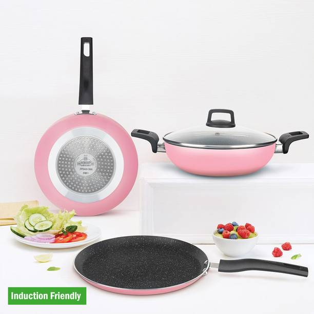 BOROSIL Festive Glory Tawa, Kadhai, Fry Pan & Lid, Metal Spoon Friendly Induction Bottom Non-Stick Coated Cookware Set