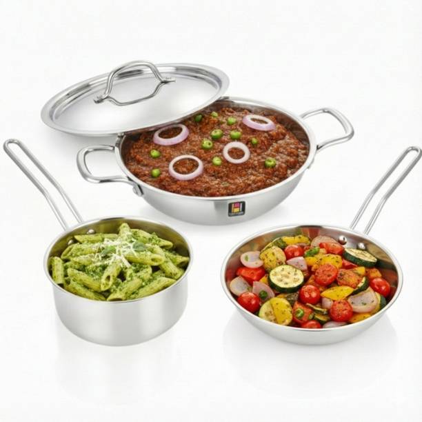 Human Hydro Prime Triply Cookware Combo – 16cm Sauce Pan, 22cm Fry Pan, 24cm Kadai with Lid Induction Bottom Cookware Set