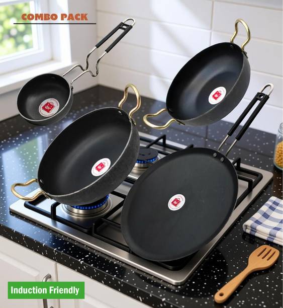 LAZYwindow Traditional Iron Deep Bottom Kadhai, Tadka Pan And Tawa with Steel Handle Induction Bottom Cookware Set