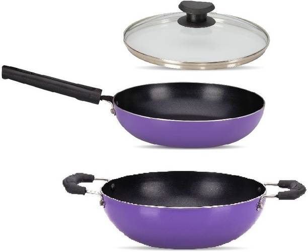 NAVRANG NONSTICK 3 PCS COMBO SET KADAI 22CM,FRY PAN 22CM WITH GLASS LID, PURPLE, NON IB Non-Stick Coated Cookware Set