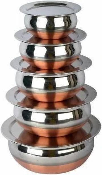LIMETRO STEEL Stainless Steel 5 Pieces Copper Coated Handi Set with Lid/ Urli Set with Lid Cookware Set