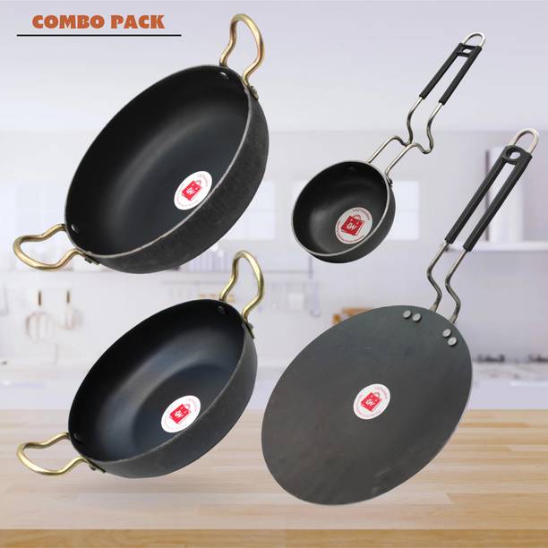 LAZYwindow LAZYwindow Traditional Iron Deep Bottom Kadhai,Tawa & Tadka Pan with insulated Induction Bottom Cookware Set