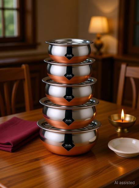 Nirvika Cookware set New pot pan Copper Bottom handi Set with Lid/dhakkan/cibba (Stainless Steel, Copper, 5 - Piece) patila/bhagona/pot/milk pan/serving bowl/biryani tope/tapeli/pateli/punjabi steel handi size1.5 L, 1.2 L, 1.00 L, 0.80 L, 0.50 L Cookware Set