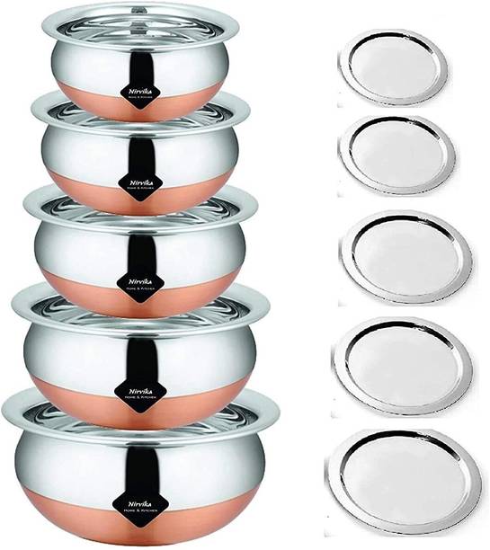 Nirvika Cookware set New pot pan Copper Bottom handi Set with Lid/dhakkan/cibba (Stainless Steel, Copper, 5 - Piece) patila/bhagona/pot/milk pan/serving bowl/biryani tope/tapeli/pateli/punjabi steel handi size1.5 L, 1.2 L, 1.00 L, 0.80 L, 0.50 L कुकवेयर सेट