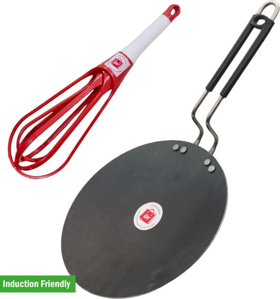 LAZYwindow 100% Pure Iron Tawa with Insulated Handle & Foldable Plastic Hand Blender Mixer Induction Bottom Cookware Set