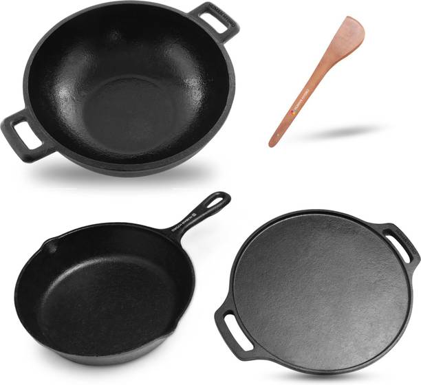 Human Hydro Pre-Seasoned Cast Iron Combo - Kadai, Fry Pan & Tawa with Wooden Spatula Induction Bottom Cookware Set