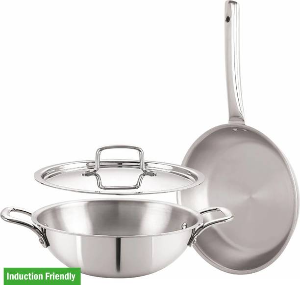 iVBOX Platina-3pcs Triply Steel 22cm Fry pan and 22cm Kadhai With Lid Induction Bottom Cookware Set