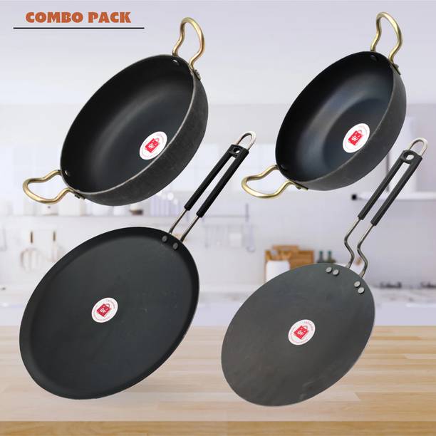LAZYwindow Traditional Iron Deep Bottom Kadhai & Tawa with insulated Handle Induction Bottom Cookware Set