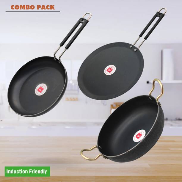 LAZYwindow Traditional Iron Fry Pan, Tawa And Deep Bottom Kadhai Combo Pack Induction Bottom Cookware Set