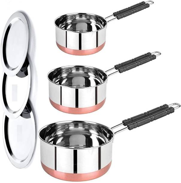LIMETRO STEEL Set of 3 Flat Bottom Copper Base Saucepan with Lid / Tea Coffee Pan Set इंडक्शन बॉटम कुकवेयर सेट