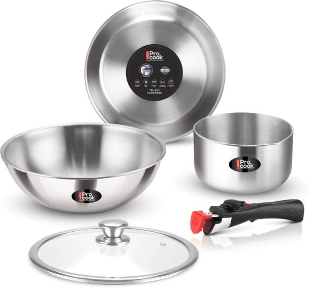 MILTON Pro Cook Tri-Ply Steel Cookware with Quick Grip Handle Tea & Fry Pan,Kadai, Lid कुकवेयर सेट