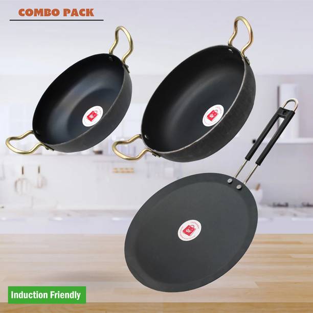 LAZYwindow Traditional Iron Deep Bottom Kadhai And Tawa with Handle Induction Bottom Cookware Set