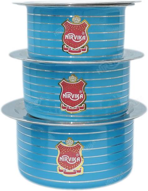 Nirvika Stainless Steel Powder Coating Sky Blue Tope with Lid 0.750 L, 1.100 L, 1.500 L Cookware Set