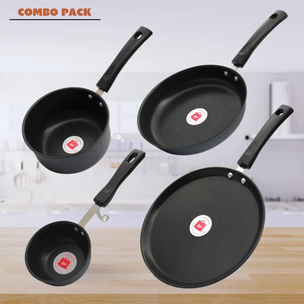 LAZYwindow Nonstick Tadka/Sauce/Fry Pan & Tawa Combo (Black And Base Grey) Induction Bottom Non-Stick Coated Cookware Set