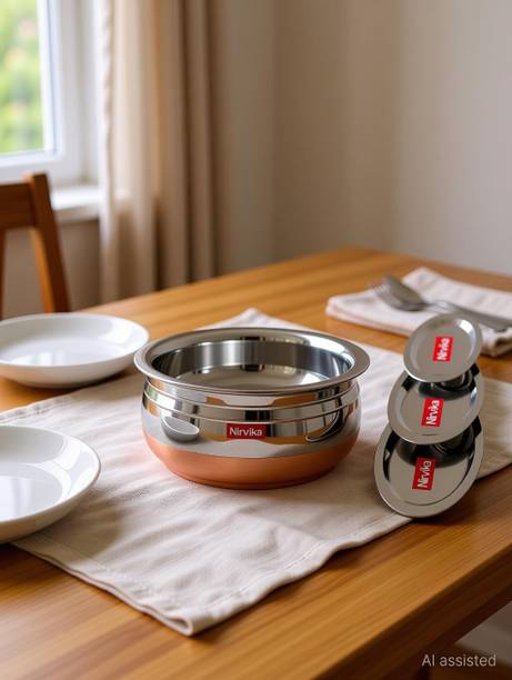 Nirvika Stainless steel copper bottom handi with lid set of 5 pcs Non-Stick Coated Cookware Set