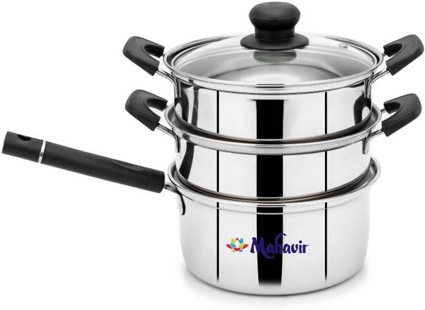 MAHAVIR Stainless Steel Vegtable Steamer and Momo Steamer , Saucepan-Glass Lid Induction Bottom Cookware Set