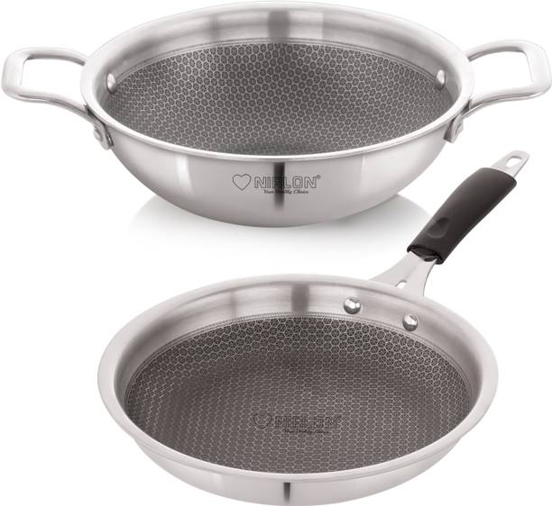 NIRLON Prima Honeycomb Triply Steel Cookware Set of 2Pc|Fry Pan 24cm/Kadai 20cm-1.6Ltr Induction Bottom Non-Stick Coated Cookware Set