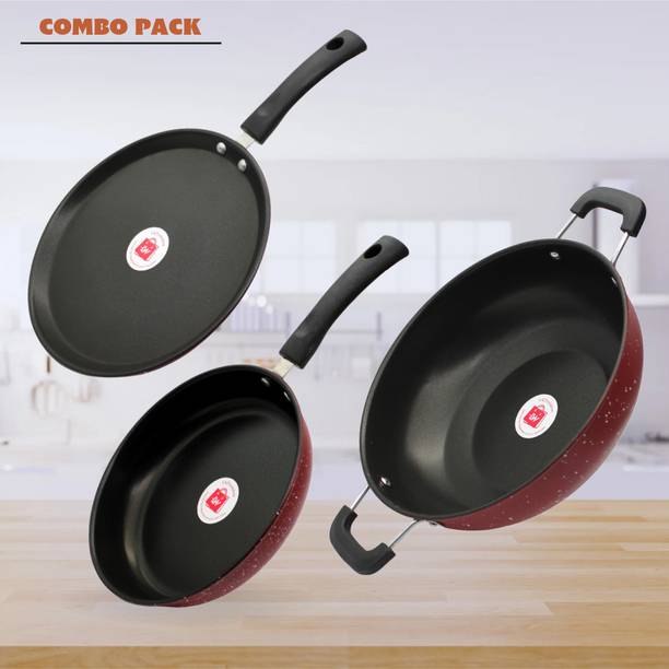 LAZYwindow Premium Quality Nonstick Fry Pan/Tawa And Kadhai Combo (Black And Base Maroon) Induction Bottom Non-Stick Coated Cookware Set