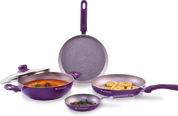 WONDERCHEF Royal Velvet Non-stick 5-piece Cookware Set (Fry Pan with Lid, Wok, Dosa Tawa, Mini Fry Pan) Induction bottom, Soft-touch handles, Virgin grade aluminium, PFOA/Heavy metals free, 3 mm, 2 ye