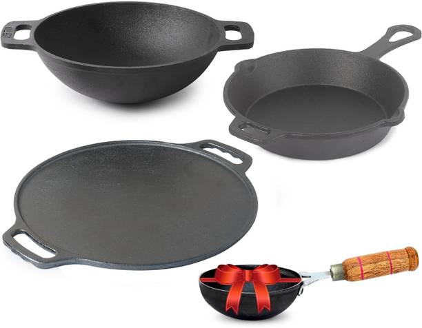 The Indus Valley Pre-Seasoned Cast Iron Cookware Set + Free Tadka Pan | Tawa, Kadai & Fry Pan Induction Bottom Cookware Set