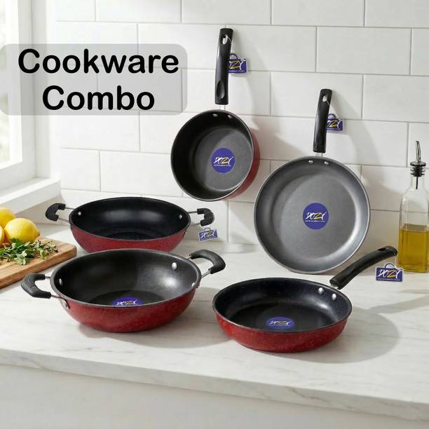 Dozy Ultimate Sparkle Red Non-Stick 5-Piece Cookware Combo Set Induction Bottom Non-Stick Coated Cookware Set