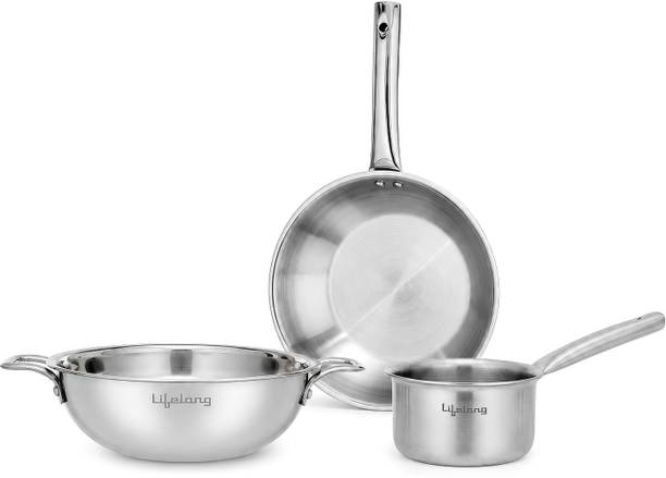 Lifelong Triply Kadai, Frypan & Saucepan with Lid Induction Bottom Cookware Set Stainless Steel, 4 - Piece