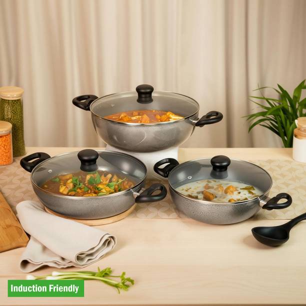 Kreme DELUXE 3mm Kadai 2.5L + 3.5L + 4.5L Induction Bottom Non-Stick Coated Cookware Set