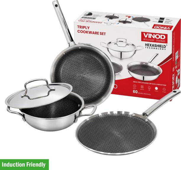 VINOD Grandior Pro - Kadai 22cm With Lid, Frypan 22cm, Dosa Tawa 28cm इंडक्शन बॉटम कुकवेयर सेट