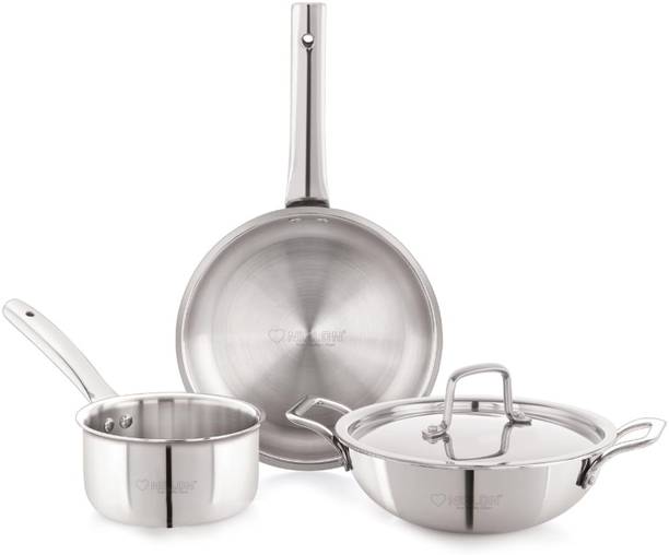 NIRLON Plus Triply Steel Cookware Set of 4Pc Fry pan /Kadhai with Steel Lid/Sauce Pan इंडक्शन बॉटम कुकवेयर सेट
