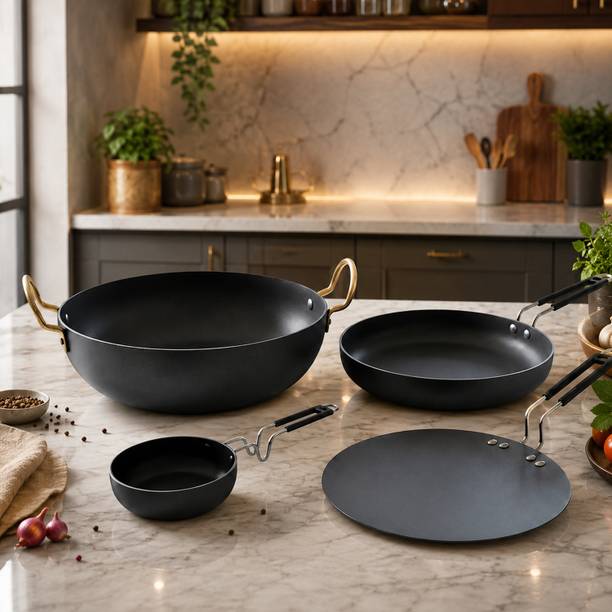 Dozy Iron Cookware Set of 4 (Kadhai, Fry Pan, Flat Tawa & Tadka Pan) Induction Bottom Non-Stick Coated Cookware Set