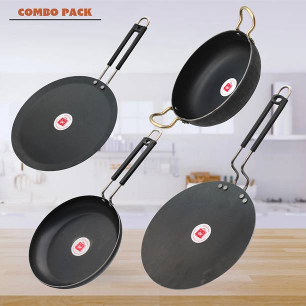 LAZYwindow LAZYwindow Traditional Iron Fry Pan / TawaAnd Deep Bottom Kadhai Combo Pack Induction Bottom Cookware Set