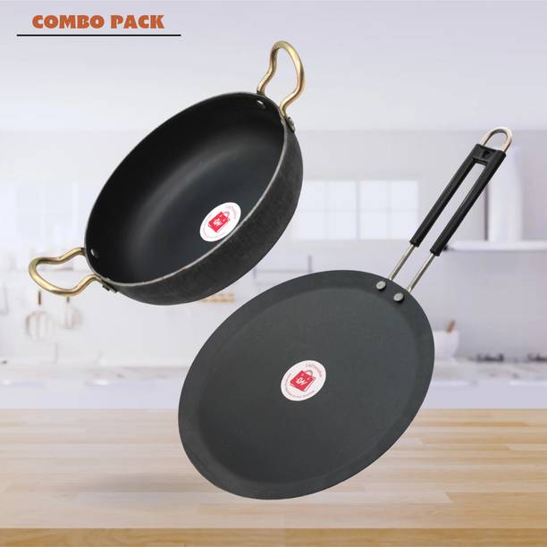 LAZYwindow Traditional Iron Tawa & Deep Bottom Kadhai (Base Black) Induction Bottom Cookware Set