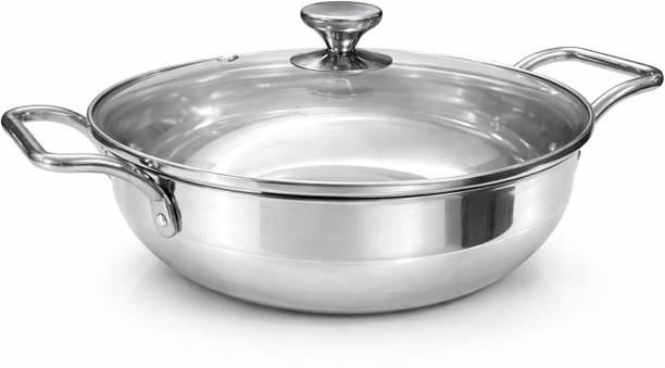 LIMETRO STEEL Stainless Steel Kadai With Glass Lid | Size - 22cm & Capacity - 2 Litre Induction Bottom Cookware Set