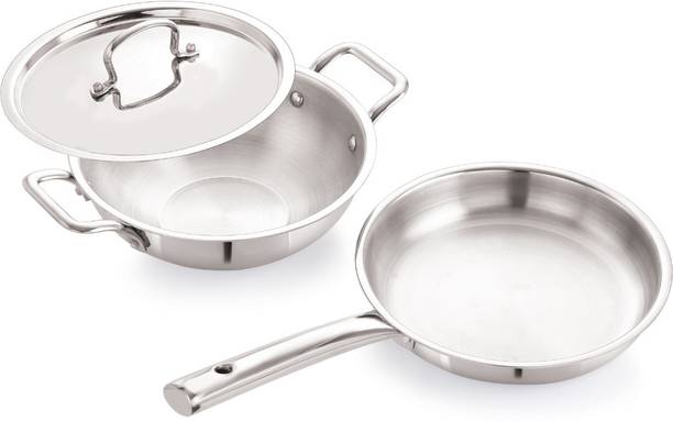 iVBOX Platina-Pro Triply Steel 3pcs Set of 22cm Fry pan and 24cm Kadhai With Lid इंडक्शन बॉटम कुकवेयर सेट