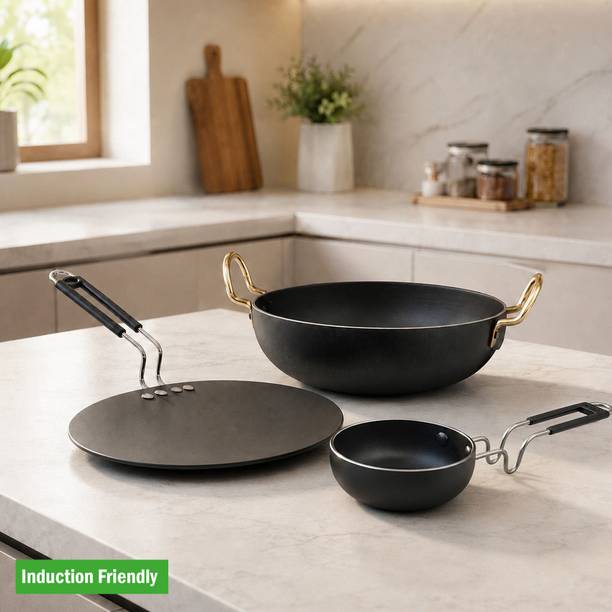 Dozy Iron Cookware Set (3 Pieces) – Kadhai with Golden Handles, Flat Tawa & Tadka Pan Induction Bottom Non-Stick Coated Cookware Set