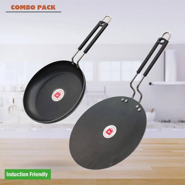 LAZYwindow Traditional Iron Fry Pan And Tawa with insulated Handle Induction Bottom Cookware Set