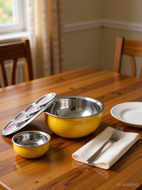 Nirvika Yellow Powder Coating Stainless Steel Handi,Cooking Serving Dinner Bowl with Lid Cookware Set