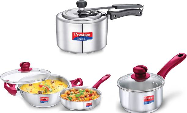 Prestige Essential Induction Base 3 Litre Pressure Cooker And Cookware Set Combo Induction Bottom Non-Stick Coated Cookware Set
