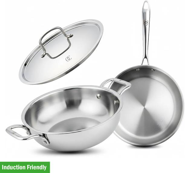 Omichef Triply Stainless Steel Cookware Set Of 3 Pcs Kadhai, Frypan & Lid (22CM) Induction Bottom Non-Stick Coated Cookware Set