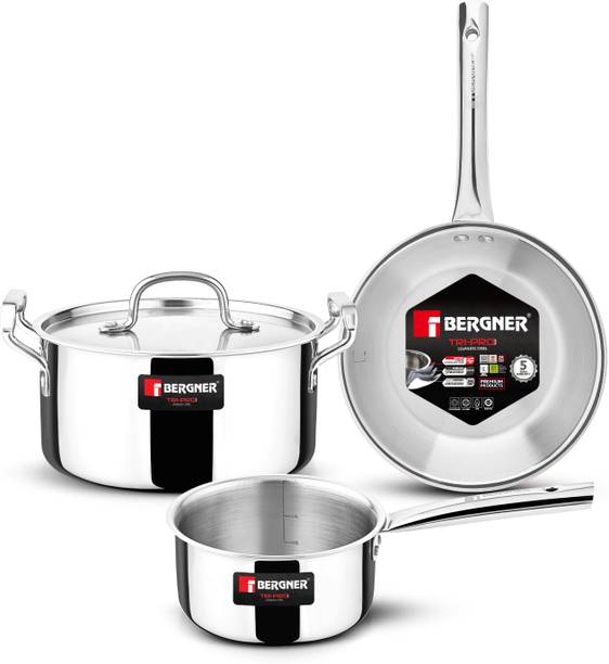 BERGNER Tripro Triply Cookware Set of 4 Pcs, Sturdy Stay Cool Handle, Healthy Cooking, Induction Bottom Cookware Set