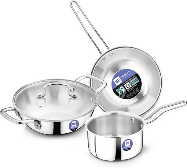 BERGNER BE Essentials Triply 4 Pcs Set of 22cm Kadai, 22cm Frypan, 14cm Saucepan - इंडक्शन बॉटम कुकवेयर सेट