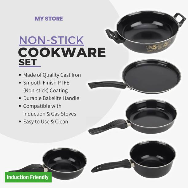 Maharajee Premium 5Pcs Kitchen Cookware Combo for Home, Restaurant, Dhaba Induction Bottom Non-Stick Coated Cookware Set