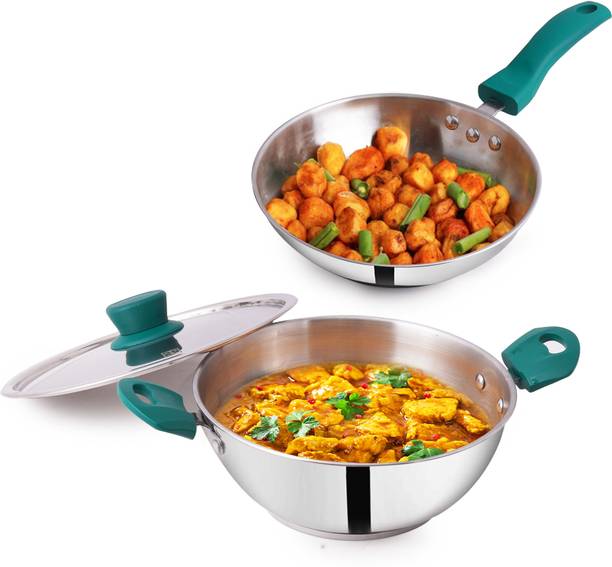 The Indus Valley Stainless steel cookware set of 3 | Kadai, Frypan इंडक्शन बॉटम कुकवेयर सेट